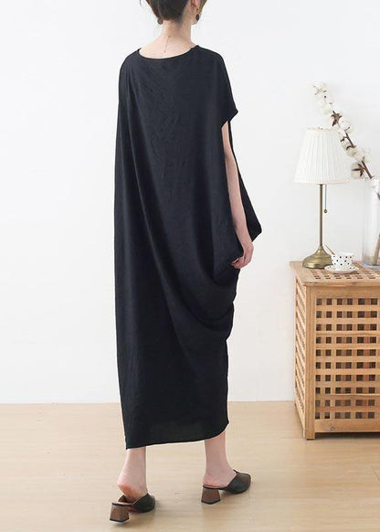 French Black Batwing Sleeve Summer Linen Dress