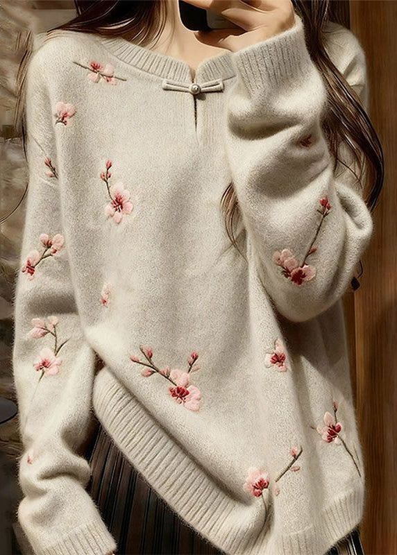 Chinese Style Rose Print Cozy Knit Sweater Spring