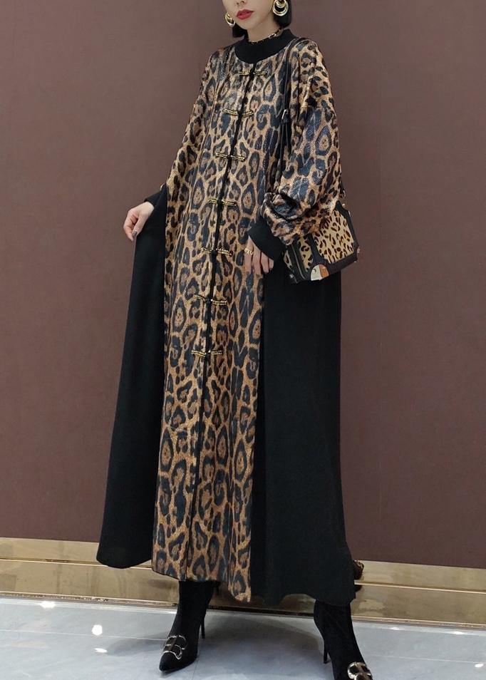 Style Leopard Clothes Stand Collar Patchwork Art Spring Dress