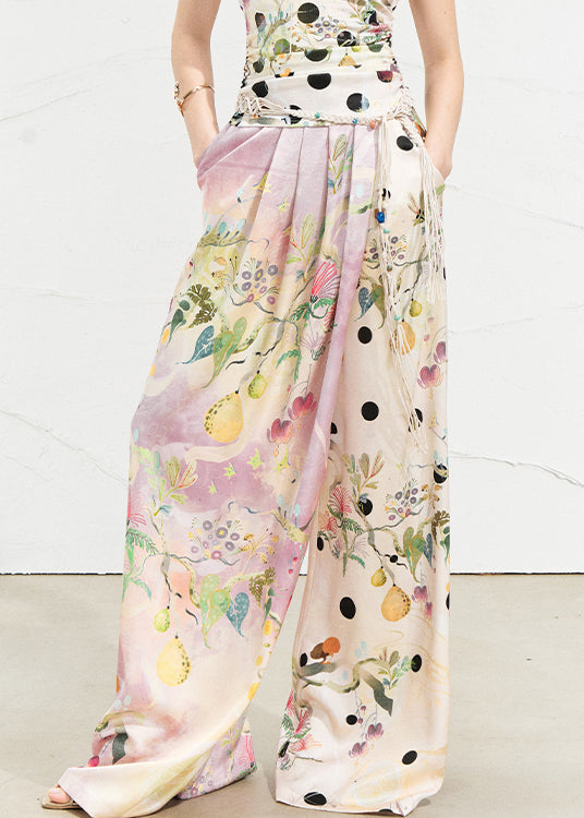 Pink Asymmetrical Print Silk Wide Leg Pants Summer