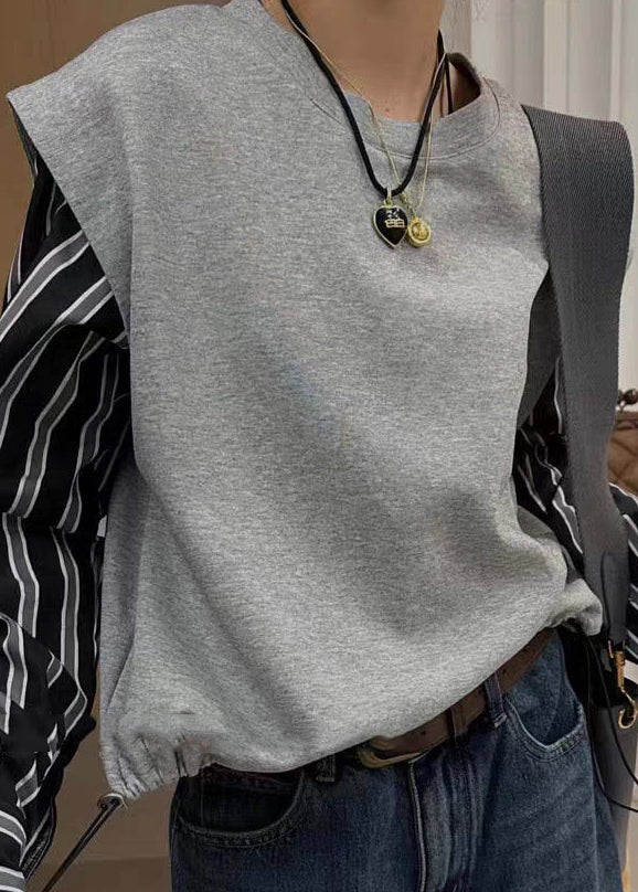 New Grey Fake Two Piece Spliced Stripe Top Autumn