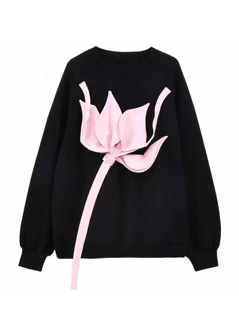 Black O Neck Patchwork Cotton Loose Sweatshirts Top Spring