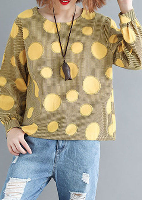Yellow O-neck Oversized Dot Print Cotton Tops Spring