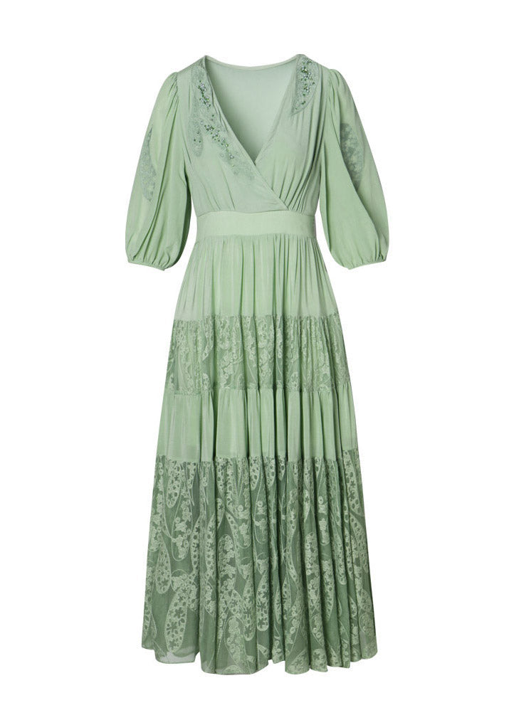 Simple Green V Neck Embroideried Elastic Waist Silk Long Dress Short Sleeve Summer