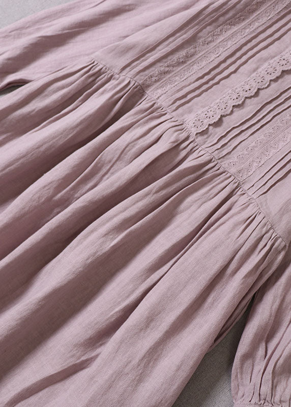 Handmade Purple Peter Pan Collar Wrinkled Linen Maxi Dresses Spring
