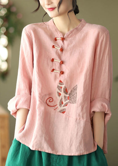 Pink O-neck Embroideried Linen Top Long Sleeve