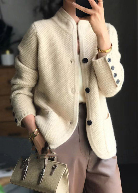 Stylish Brown Stand Collar Slim Fit Button Cashmere Cardigans Spring