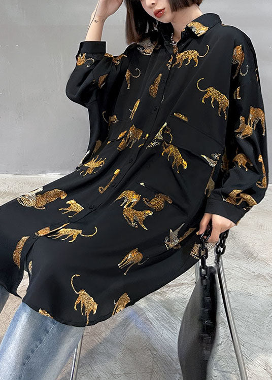 Black Peterpan Collar Button Pockets Print Fall Top Long Sleeve