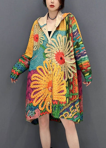 Colorblock Hooded Print Knit Loose Coats Fall