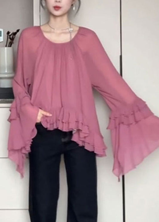 French Pink O-neck Ruffled Patchwork Chiffon Shirts Flare Sleeve