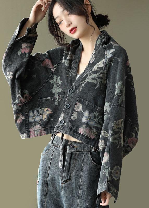 Italian Blue Print Denim Long Sleeve V Neck Top