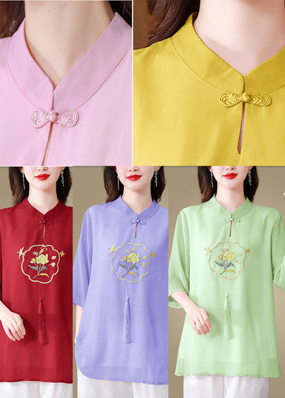 Art Yellow Embroidered Chinese Button Silk Top Half Sleeve