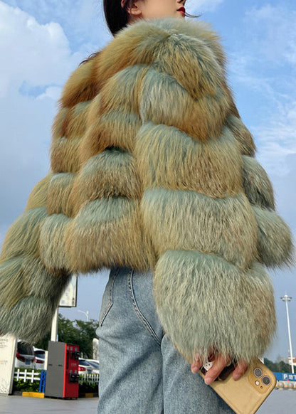 Green Patchwork Leather and Fur Coat Long Sleeve