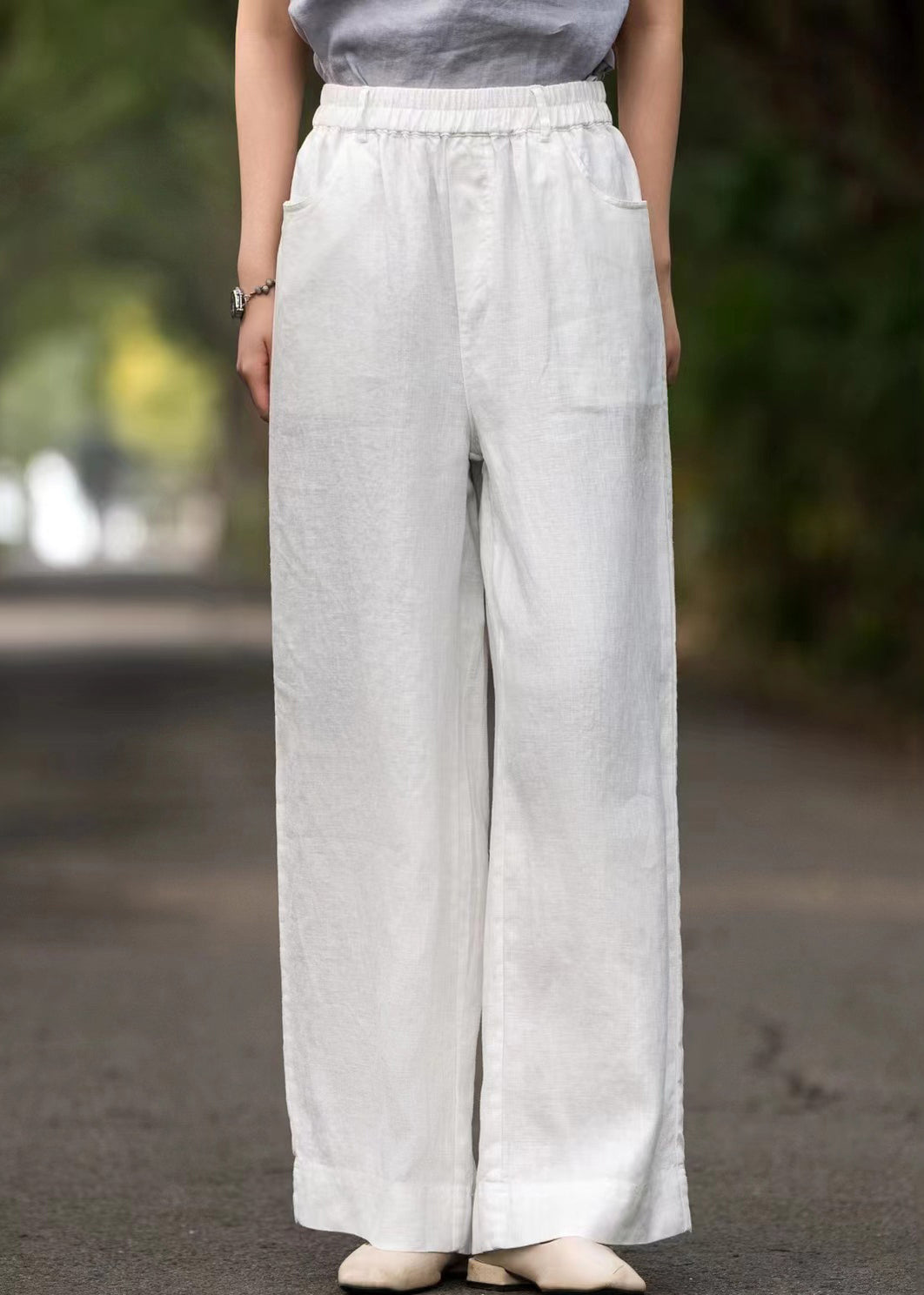 French White Elastic Waist Loose Linen Wide Leg Pants