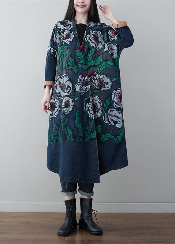 Denim Blue V Neck Patchwork Print Cotton Coats Spring