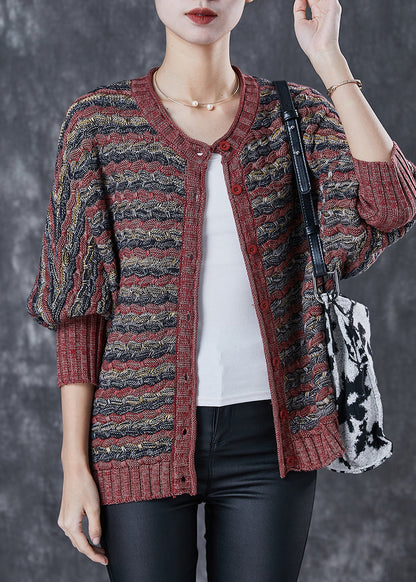 Brick Red Oversized Striped Knit Cardigans Spring