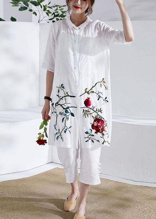 Organic White Button Print Summer Ramie Loose Coat Half Sleeve