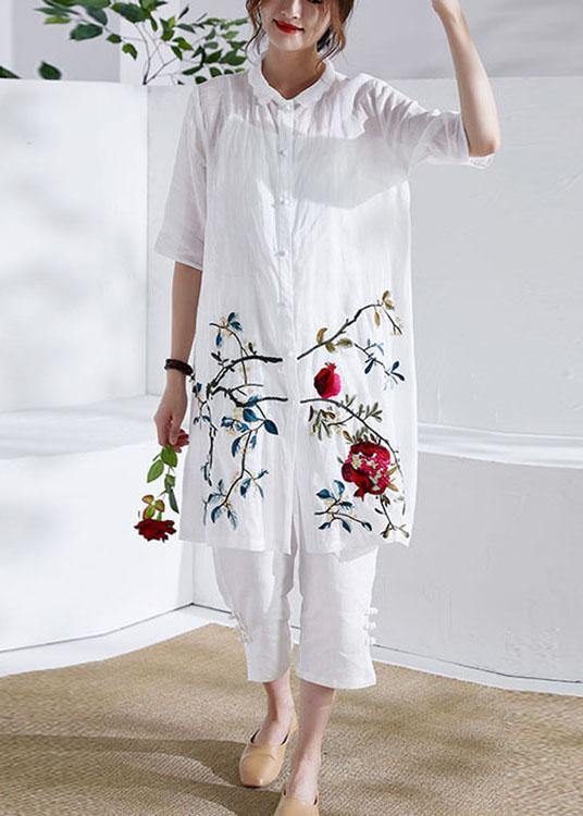 Organic White Button Print Summer Ramie Loose Coat Half Sleeve