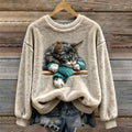 Comstylish Winter Slouchy Cat Pattern Women's Flannel Sweatshirt