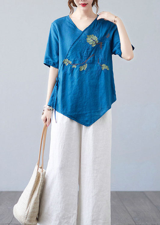 Blue Asymmetrical Shirt Tops Half Sleeve