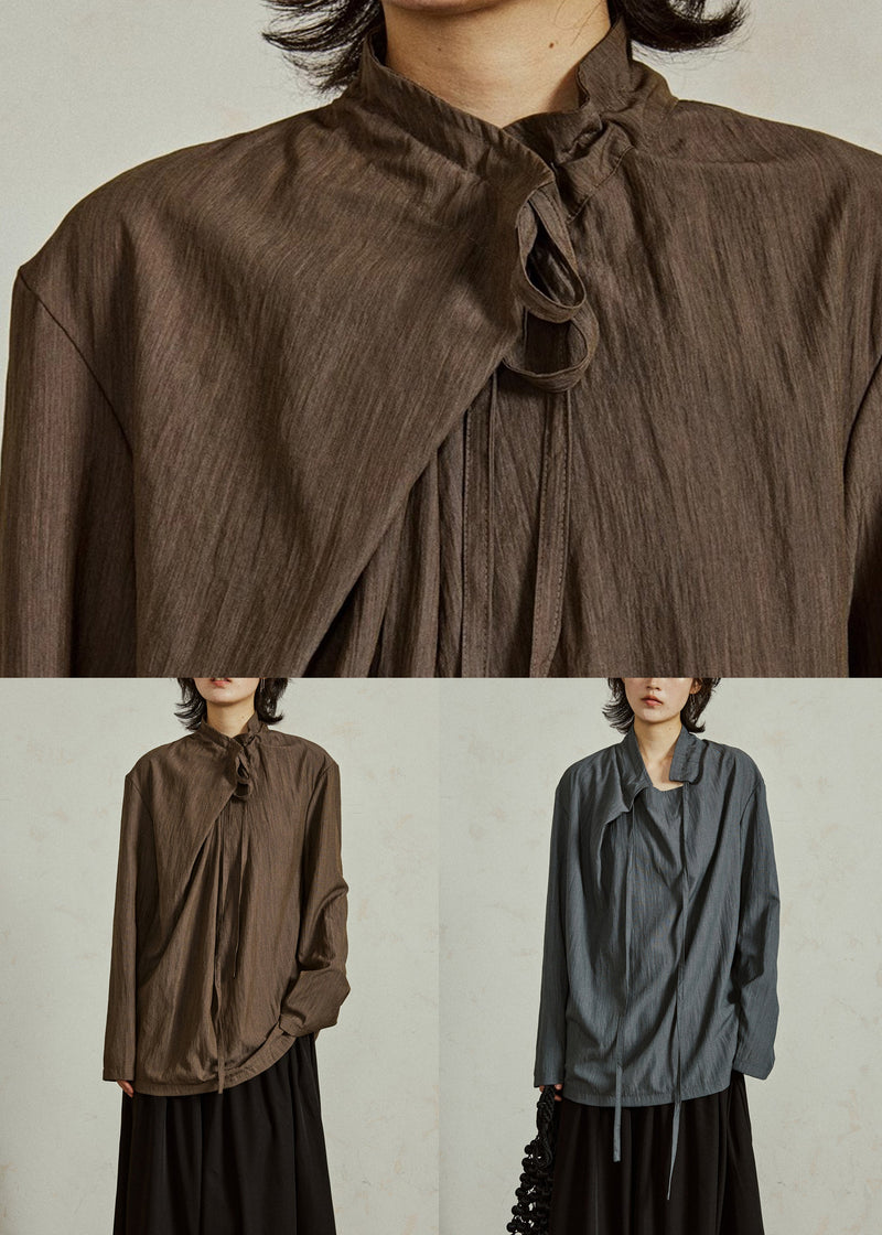 Grayish Blue Lace Up Cotton Shirts Stand Collar