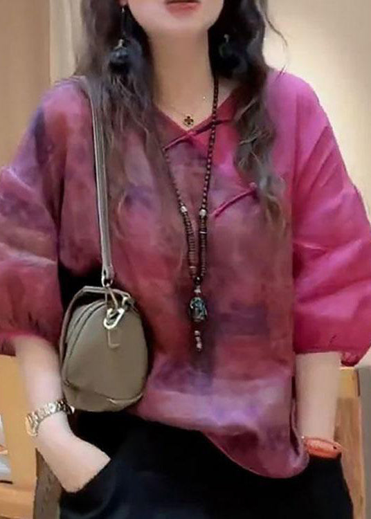 Rose V Neck Print Button Linen Shirt Half Sleeve