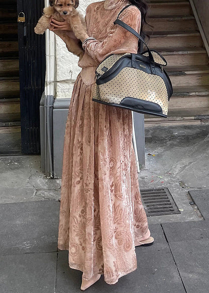 French Turtleneck Print Flattering Silk Velour Long Dresses Spring