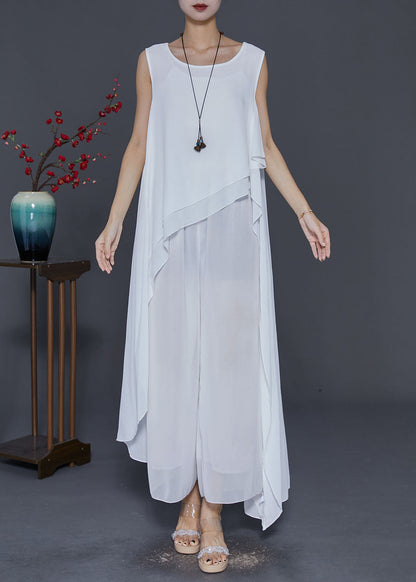 White Asymmetrical Design Draping Chiffon Dresses Summer