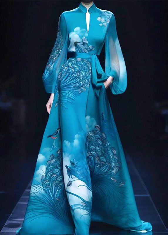 Exquisite Blue Stand Collar Printed Tie Waist Silk Dress Autumn