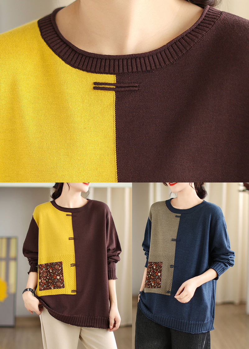 Blue O-neck Button Cozy Cotton Knit Sweater Long Sleeve