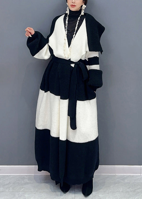 Loose White Tie Waist Pockets Patchwork Cotton Knit Long Trench Coat Spring