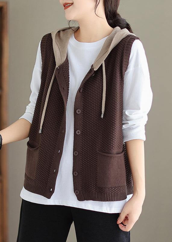 Orange Red Hooded Button Cotton Knit Waistcoat Sleeveless