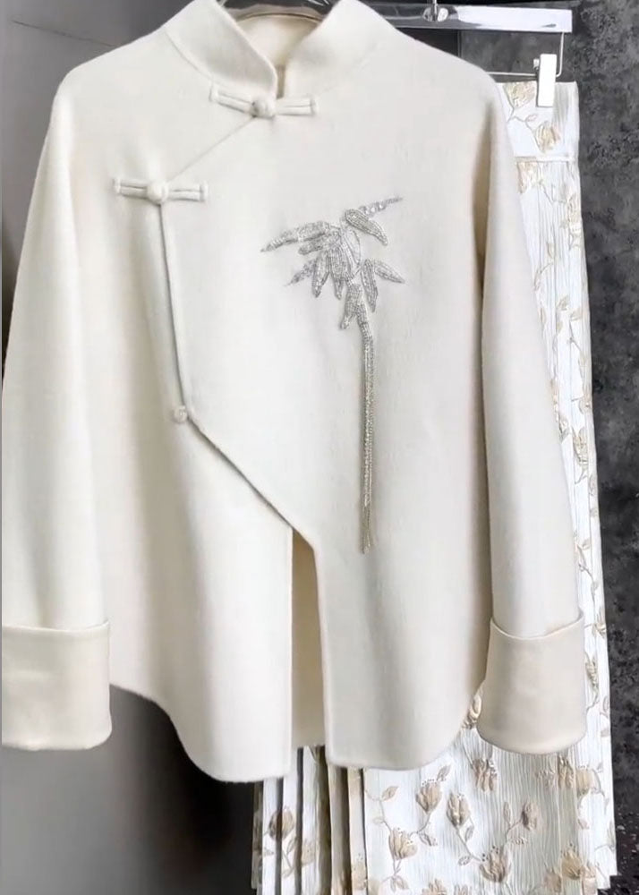 Chinese Style White Stand Collar Embroideried Shirts and Maxi Skirts Two Pieces Set Fall