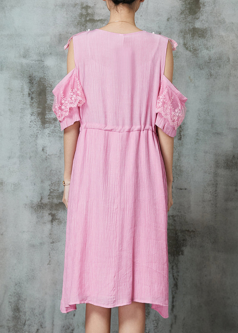 Pink Cold Shoulder Patchwork Chiffon Holiday Dress Summer