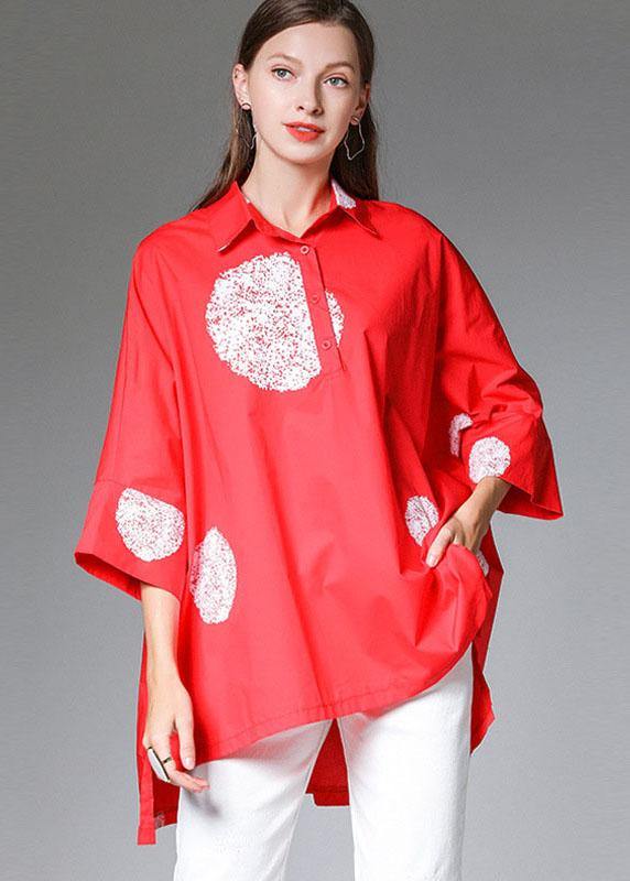 Classy Red Bat Wing Sleeve Dot Low High Design Fall Cotton Shirt Tops