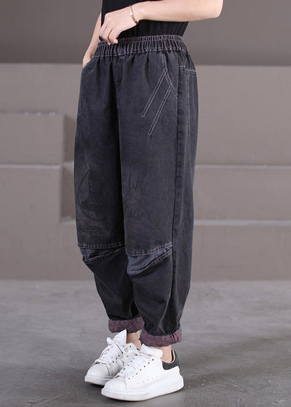 Black Pockets Print Elastic Waist Denim Pants Fall