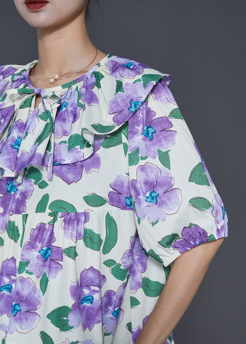French Purple Peter Pan Collar Cotton Maxi Dresses Summer