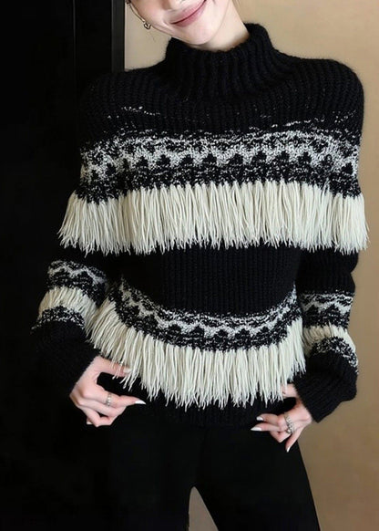 Black Tasseled Striped Knit Pullover Winter