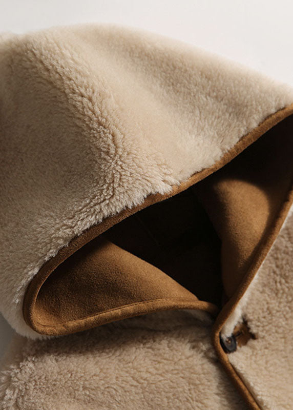 Light Camel Patchwork Button Hooded Faux Fur Coats Long Sleeve