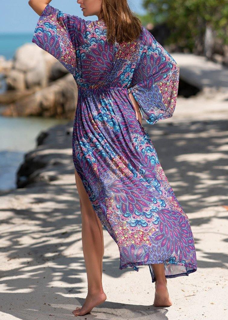 Fitted Purple Print V Neck Beach Gown Holiday Dress Summer