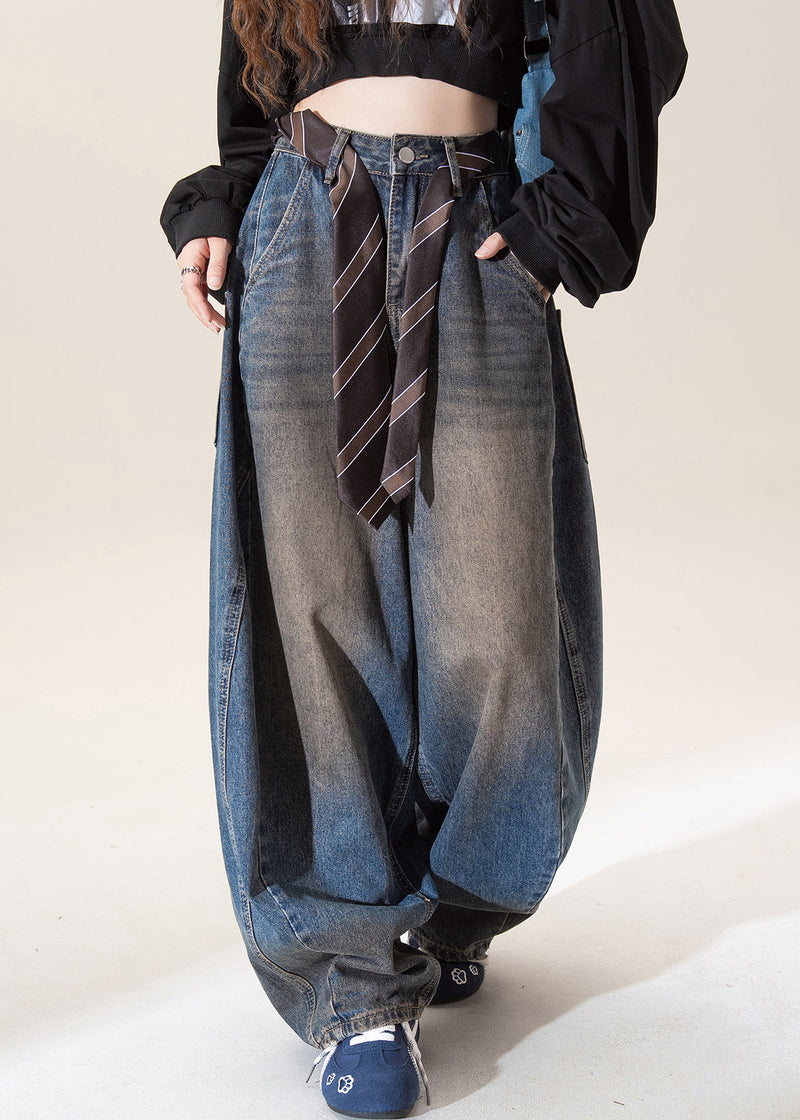 Dark Blue High Waist Pockets Wide Leg Jeans Spring