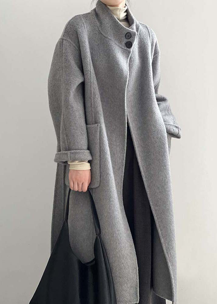 Italian Grey Stand Collar Pockets Tie Waist Woolen Coat Fall
