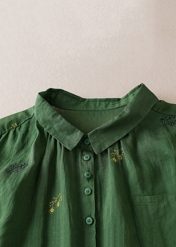 Green Peter Pan Collar Embroideried Patchwork Cotton Shirts Top Summer