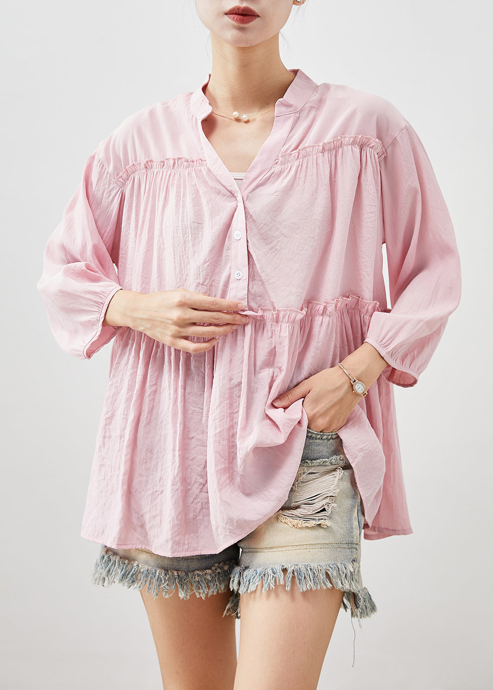 French Pink V Neck Ruffled Cotton Tops Bracelet Sleeve