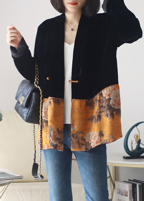 Italian Black Button V Neck Print Patchwork Silk Coats Long Sleeve Spring