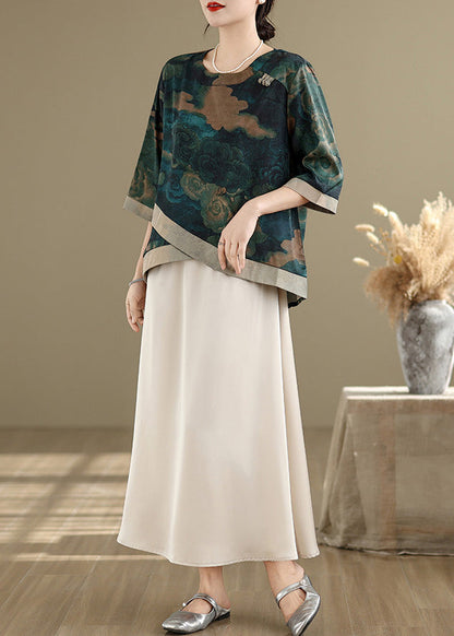 Green Asymmetrical Print Silk Blouses Half Sleeve Fall