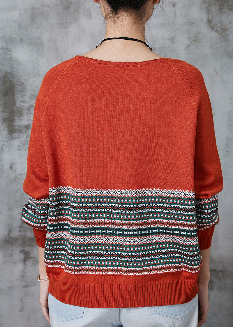 Orange Striped Knitted Tops O-neck Oversized Spring