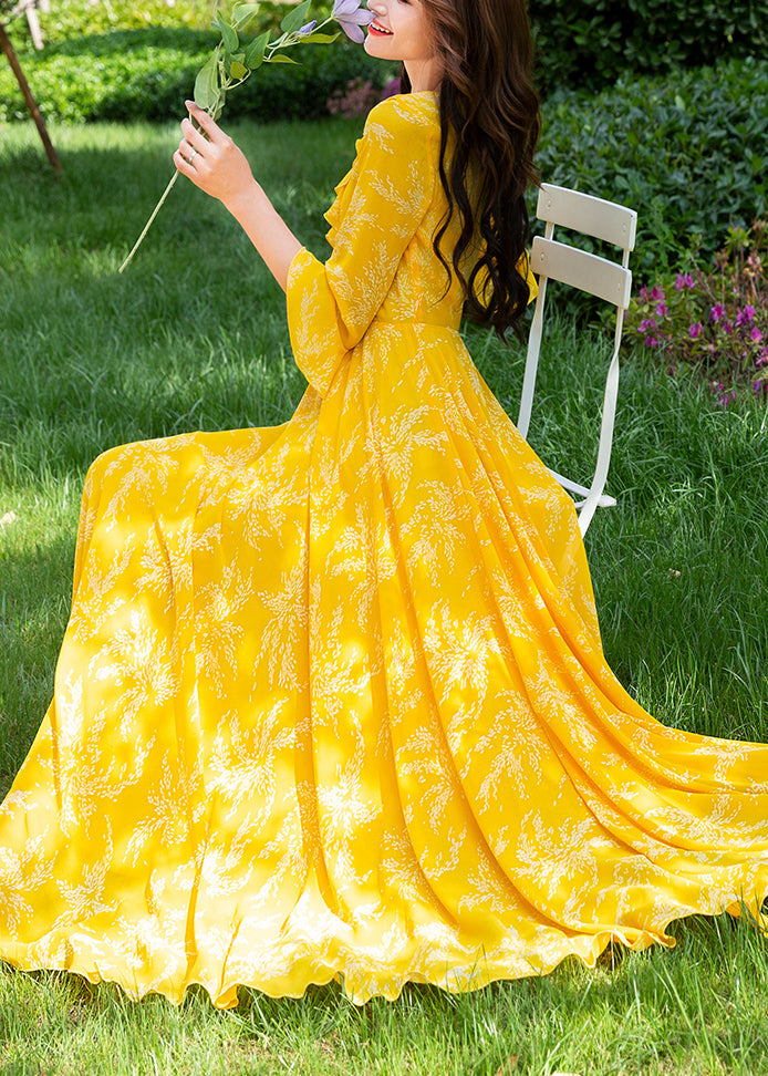 Yellow Ruffled Print Slim Chiffon Maxi Holiday Dress Spring