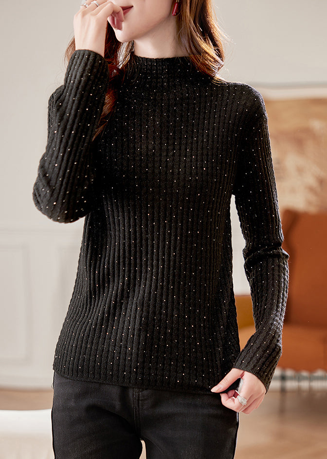 Handmade Black Turtleneck Zircon Knit Sweater Spring