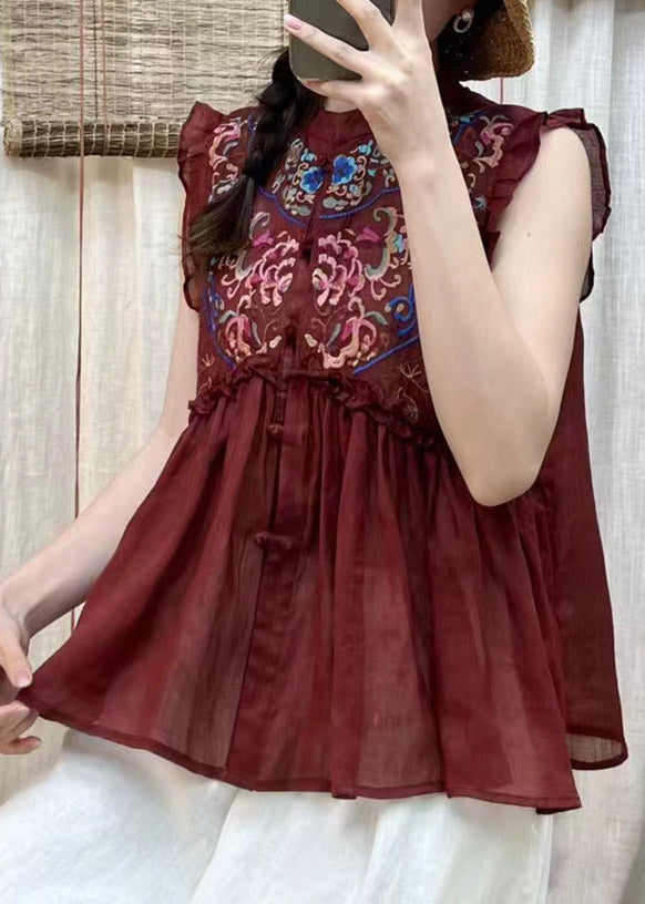 Simple Blue Embroideried Ruffles Button Linen Top Short Sleeve